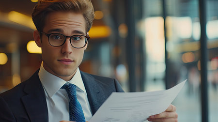 A professional man in a stylish suit reviews important documents in a modern office setting, demonstrating focus and determination in his role.の素材