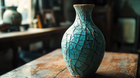 A close-up of a beautifully cracked antique vase showcasing intricate blue textures. Ideal for decor themes emphasizing vintage craftsmanship and rustic charm.の素材