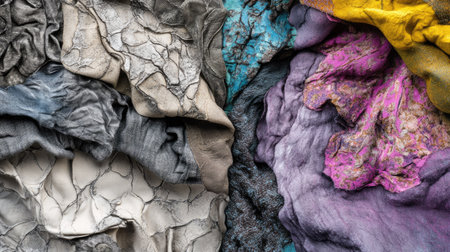 Explore an artistic close-up showcasing a diverse array of vibrant fabric swatches. Perfect for design inspiration, textile sampling, and creative projects.の素材