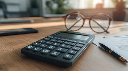 A close-up view of a calculator resting on a wooden desk, surrounded by glasses and documents, showcasing a modern office workspace ideal for productivity and finance.の素材
