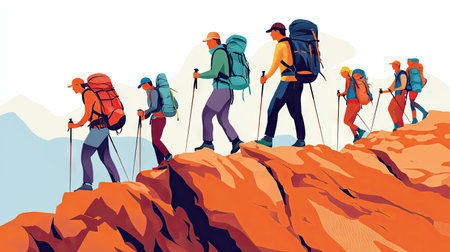 A vibrant illustration of a group of hikers ascending a rugged mountain path, showcasing adventure, teamwork, and the thrill of exploration in nature's beauty.の素材