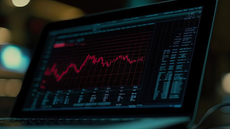A detailed close-up of a laptop screen showcasing a data visualization graph in red tones, ideal for business, finance, and technology themes.の素材