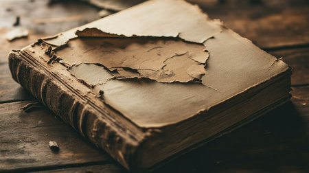 A close-up view of a vintage book with a damaged cover resting on a wooden table, showcasing its worn texture and nostalgic charm for art and literature enthusiasts.の素材