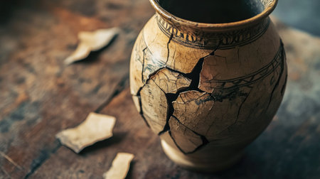 Capture a stunning close-up of an antique cracked vase resting on a wooden surface, showcasing its unique textures and historical charm. Perfect for artistic decor.の素材