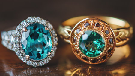 A close-up view of two exquisite rings featuring turquoise gemstones. Perfect for showcasing the craftsmanship and elegance of fine jewelry in any presentation.の素材