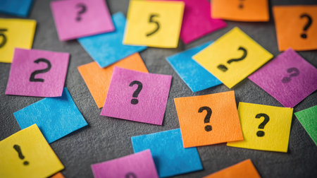 A vibrant arrangement of colorful sticky notes featuring question marks, set against a gray background, ideal for concepts related to brainstorming and decision-making.の素材