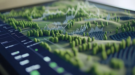 Close-up view of a tablet screen displaying intricate financial data related to landscape analysis, incorporating graphs, metrics, and vibrant visuals for business insights.の素材