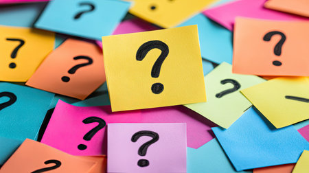 A vibrant collection of sticky notes featuring question marks, ideal for symbolizing creativity, brainstorming, and decision-making in various settings.の素材