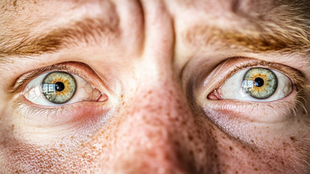A striking close-up portrait showcasing a person's intense gaze and unique facial features, highlighting emotions and details in stunning clarity.の素材