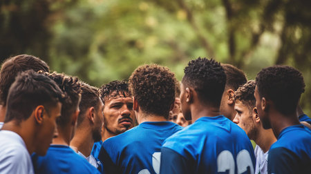 A passionate coach leads a group of athletes in a motivational huddle, emphasizing teamwork and strategy in an outdoor training session.の素材