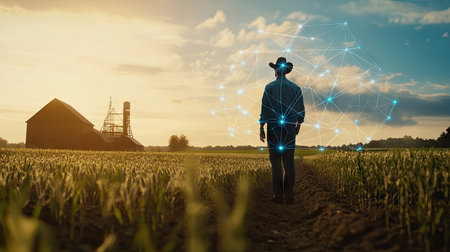 A farmer walks through a lush field at sunset, showcasing a tranquil rural landscape. This image captures the blend of agriculture and modern technology in a serene environment.の素材