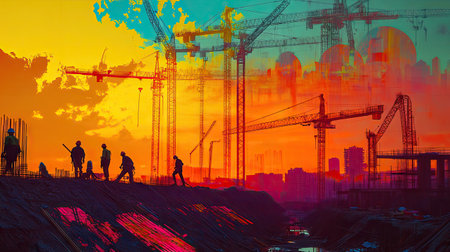 A vibrant silhouette of workers at a construction site during sunset, showcasing cranes and building materials against a striking colorful sky.の素材