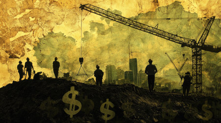 Silhouettes of construction workers at a job site with a crane and city skyline in the background. The image captures the essence of labor and teamwork in urban construction.の素材