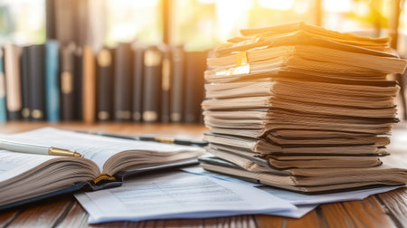 A cluttered workspace featuring a pile of invoices and paperwork on a wooden desk. Sunlight streams in, creating a warm atmosphere ideal for financial organization and management.の素材