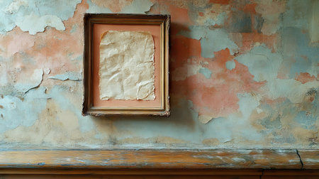 A vintage frame with a torn and stained paper placed against a textured wall, showcasing peeling paint and warm colors, perfect for artistic inspiration.の素材