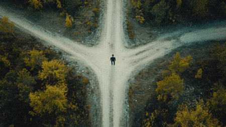 A solitary figure stands at a fork in the road, contemplating choices ahead. The scene captures the beauty of nature and evokes a sense of exploration.の素材