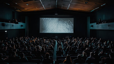 A large audience sits in a dark cinema, captivated by a projected screen, creating an engaging atmosphere for film and performance.の素材