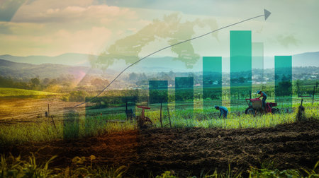 This image shows a vibrant agricultural landscape overlaid with a financial growth chart, illustrating farming productivity and economic trends in rural areas.の素材