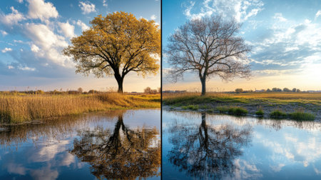 This image showcases a stunning side-by-side comparison of two landscapes, highlighting the seasonal transition from autumn to winter, reflected in calm waters.の素材