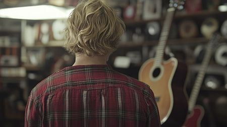A person stands in a pawn shop, captivated by the musical instruments on display, showcasing a vintage atmosphere and a unique shopping experience.の素材