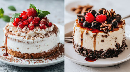 A vibrant display of two distinct desserts: a creamy cake topped with raspberries and a chocolatey delight garnished with nuts. Perfectly styled for any culinary occasion.の素材