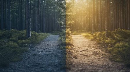 A stunning visual showcasing two contrasting paths in a forest, highlighting different lighting effects, from warm sunlight to cool shadows, inviting exploration.の素材