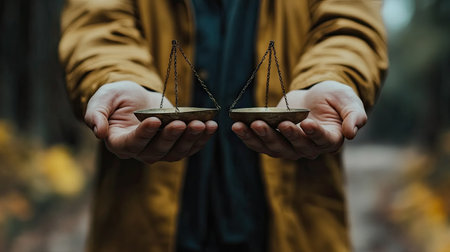 A person stands in nature, holding a balance scale with two objects, symbolizing measurement and decision-making in a serene outdoor setting.の素材