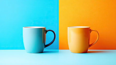 A vibrant side-by-side comparison showcasing two stylish mugs in blue and yellow against a bright backdrop, perfect for beverage displays and modern kitchen aesthetics.の素材