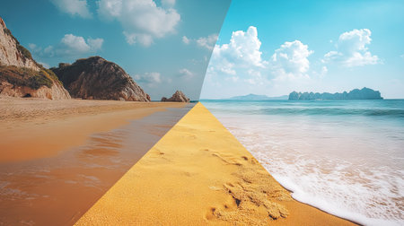 A stunning split image showcasing two unique beach destinations with golden sand and vibrant skies, perfect for travel inspiration and coastal appeal.の素材