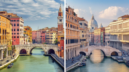 Explore this captivating split view of Italian travel destinations, featuring stunning architecture, vibrant colors, and serene waterways that invite exploration and adventure.の素材