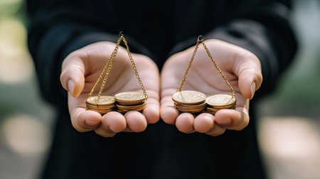 A person holds a scale with two equal weights, symbolizing a financial decision. The image captures the essence of balance and choice in measurement.の素材
