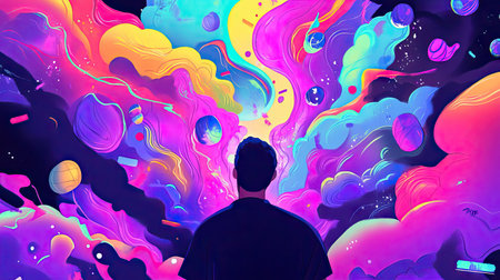 A person gazes at a mesmerizing abstract vision filled with vibrant colors and cosmic elements, inviting exploration of imagination and creativity.の素材