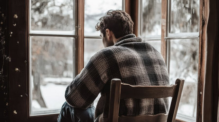 A thoughtful individual gazes out the window, lost in contemplation. This serene moment captures introspection and warmth, perfect for showcasing solitude and reflection.の素材