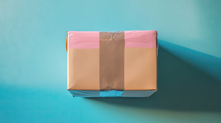 A top view of a neatly sealed delivery package resting on a vibrant blue surface, perfect for illustrating shipping and logistics themes.の素材