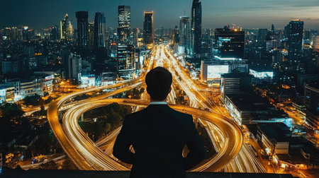 A thoughtful business leader stands overlooking a vibrant cityscape at night, symbolizing ambition and vision. The illuminated skyline reflects a world of possibilities and success.の素材