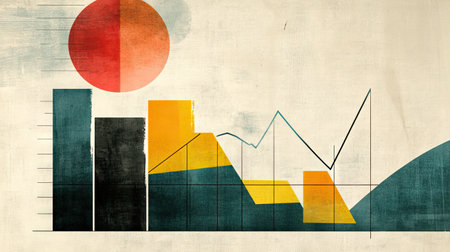 This abstract illustration features a graph showing decline and recovery, enhanced with bold colors and geometric shapes, perfect for visualizing data trends.の素材