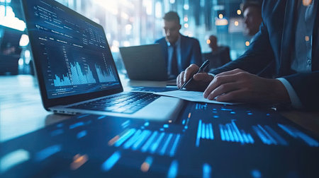 A group of financial analysts collaborates in a modern office, focusing on data analysis and strategic planning. Laptops and documents are utilized to enhance productivity.の素材