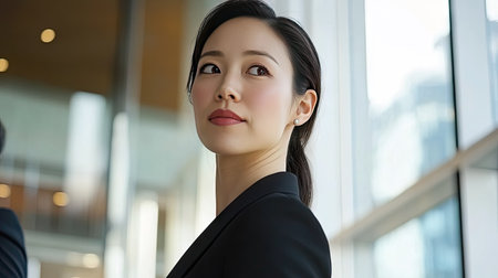 A confident businesswoman stands elegantly in a modern office, showcasing professionalism and determination. Her poised demeanor reflects ambition and success in a corporate environment.の素材