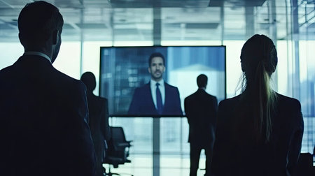 A corporate team watches a televised presentation in a modern office setting, showcasing engagement and professionalism during a strategic meeting.の素材