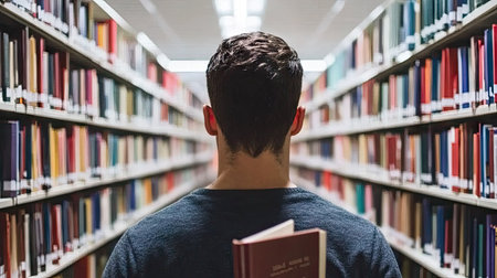 A thoughtful individual stands in a library, surrounded by colorful bookshelves. The serene atmosphere invites introspection and a passion for reading and learning.の素材