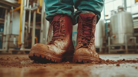 A close-up view of dirty factory worker boots standing on a muddy floor, showcasing the rugged texture and durable design in an industrial environment.の素材