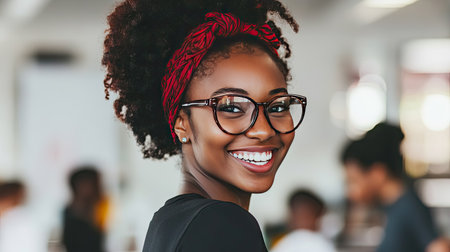 A cheerful young employee smiles while working at her desk in a vibrant office environment, showcasing positivity and professionalism. Perfect for modern workplace themes.の素材