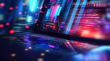 A close-up view of a laptop screen showcasing vibrant data visualizations. This high-tech image embodies innovation and digital aesthetics, perfect for technology-related projects.の素材