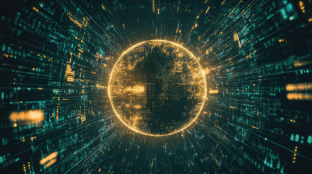 A captivating visual of a digital globe enveloped in luminous binary code, representing the intersection of technology and global connectivity. Ideal for tech-themed designs.の素材