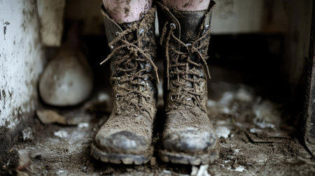 A detailed close-up shot showcasing muddy work boots in an industrial factory environment, highlighting the rugged nature of labor-intensive tasks and outdoor conditions.の素材