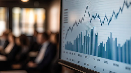 A close-up of a business presentation slide showcasing data visualization and statistical analysis, featuring graphs and charts to support decision-making in a corporate environment.の素材