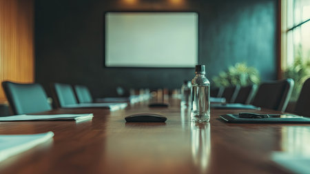 A modern meeting room featuring a wooden table, stylish chairs, a projector screen, and a refreshing water bottle, perfect for professional gatherings.の素材