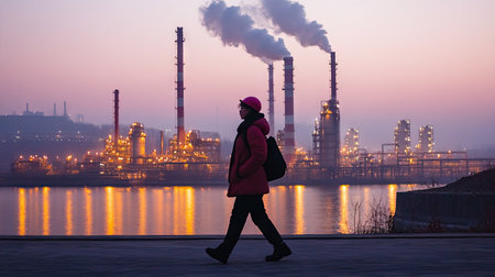 A worker walking home from the factory at dusk, framed by industrial smokestacks and a tranquil river reflection. The scene captures the contrast between labor and nature.の素材
