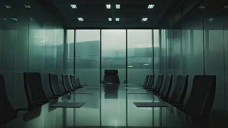 A sleek and modern conference room showcasing a minimalist design. Glass walls enhance natural light, creating a professional atmosphere ideal for meetings and collaboration.の素材