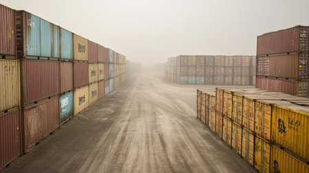 A row of idle shipping containers stacked in a dusty environment, surrounded by haze. Perfect for representations of logistics, storage, and transportation issues.の素材
